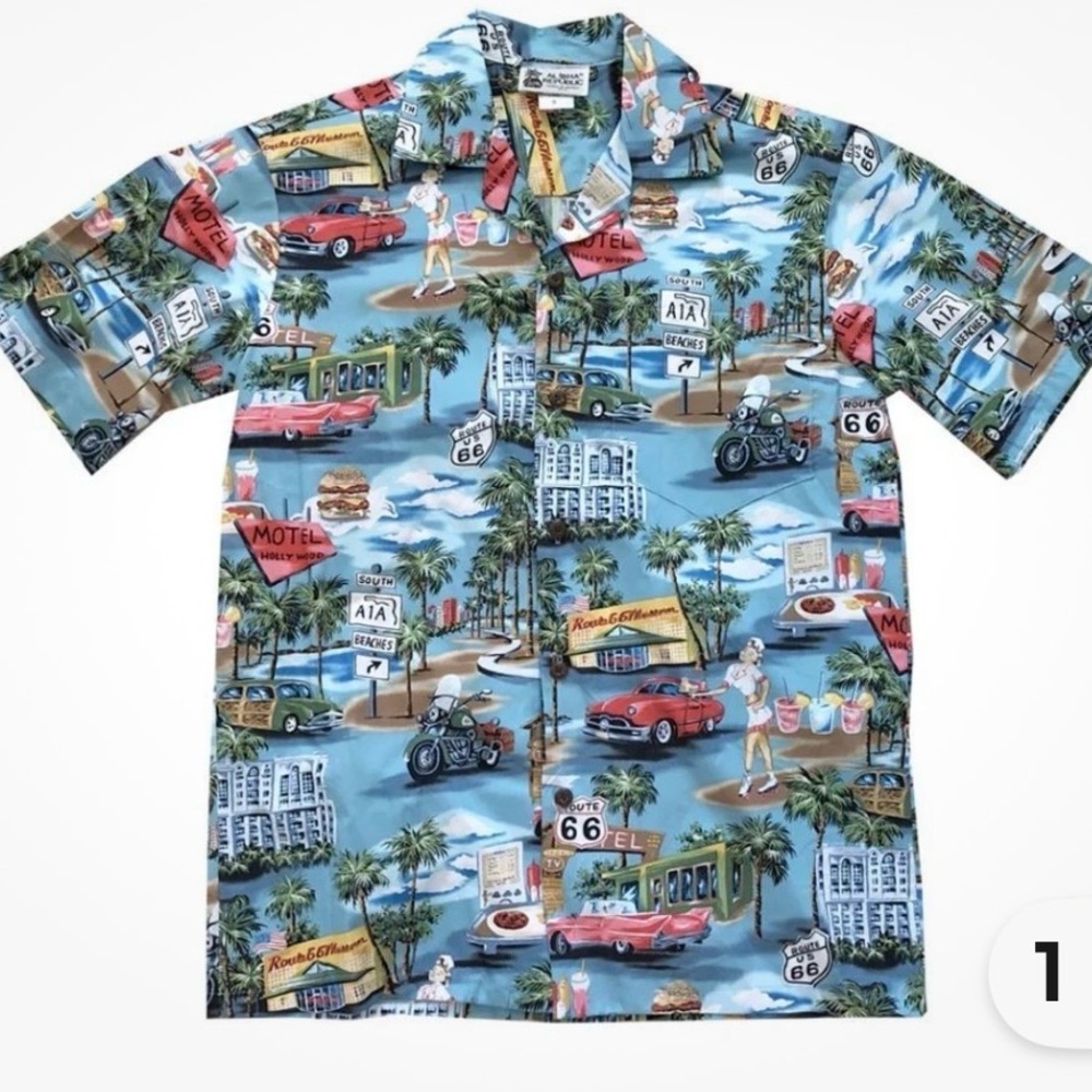 Aloha Republic Hawaiian Shirt LG Beach Island Motorcycle Drive-In Route 66 A1A
